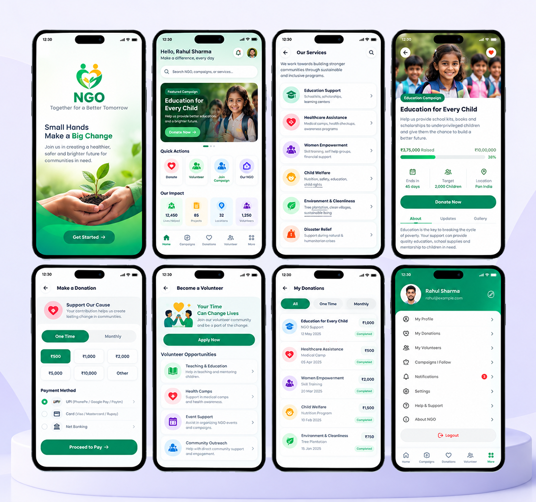 NGO mobile app showing a donation screen and upcoming events, with a new donation notification